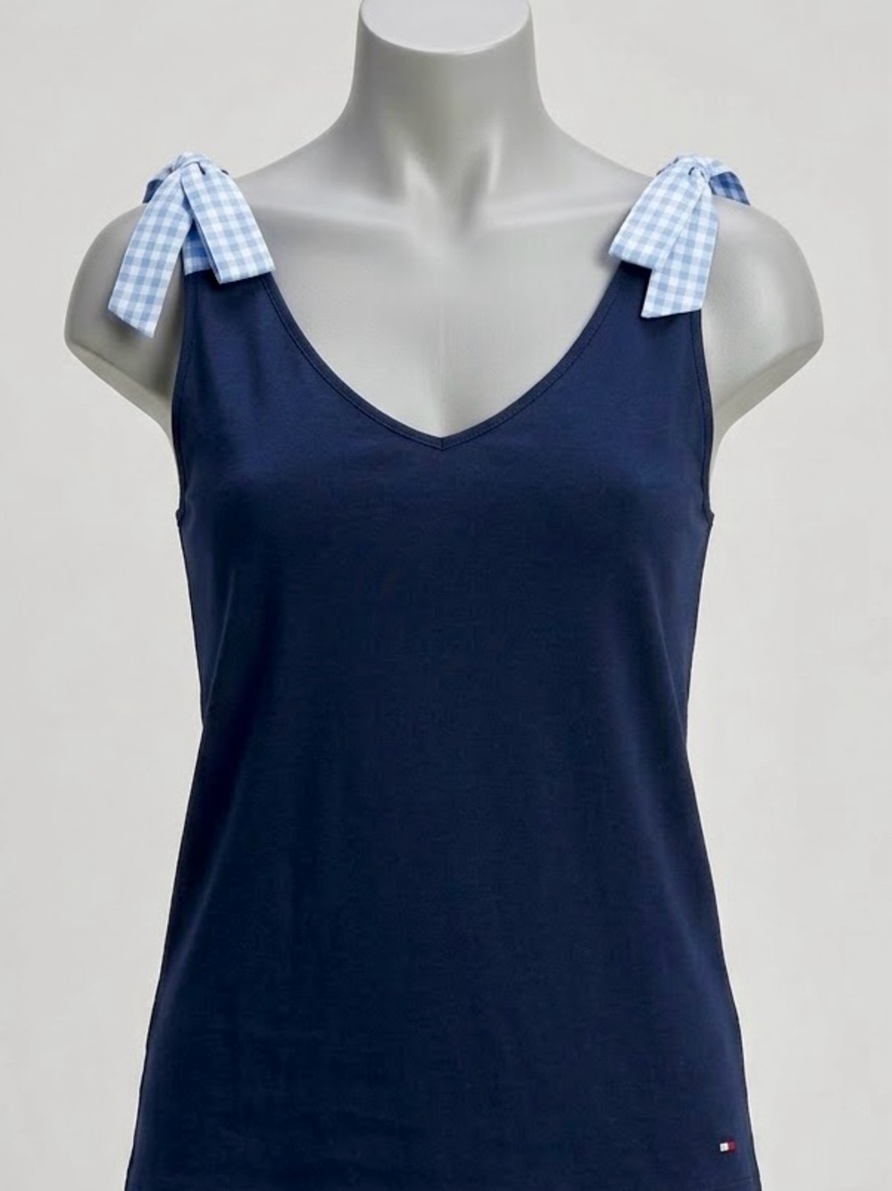 Tommy Hilfiger Navy Blue V-Neck Tank Top XL Gingham Tie Shoulder Straps